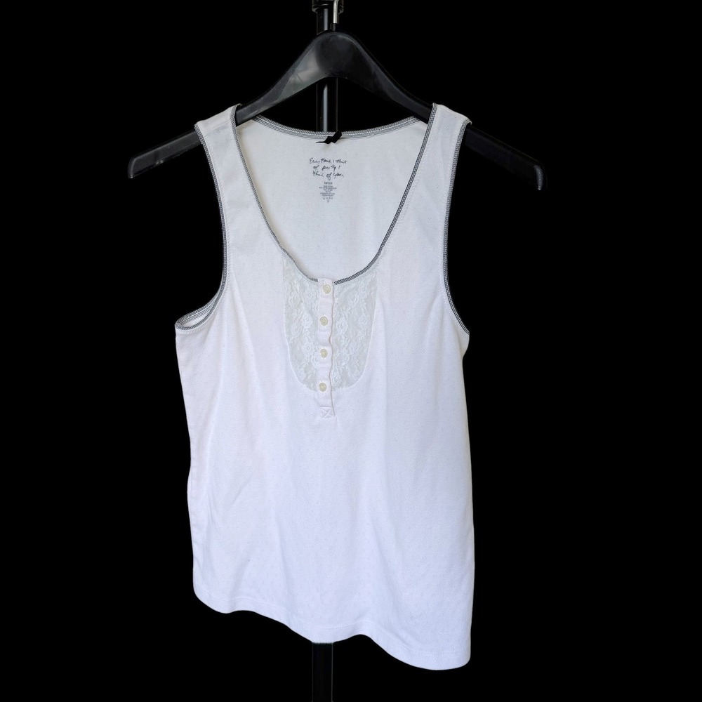 Kensie White Lace Henley Tank Top Sleeveless Pointelle Knit Shirt Large